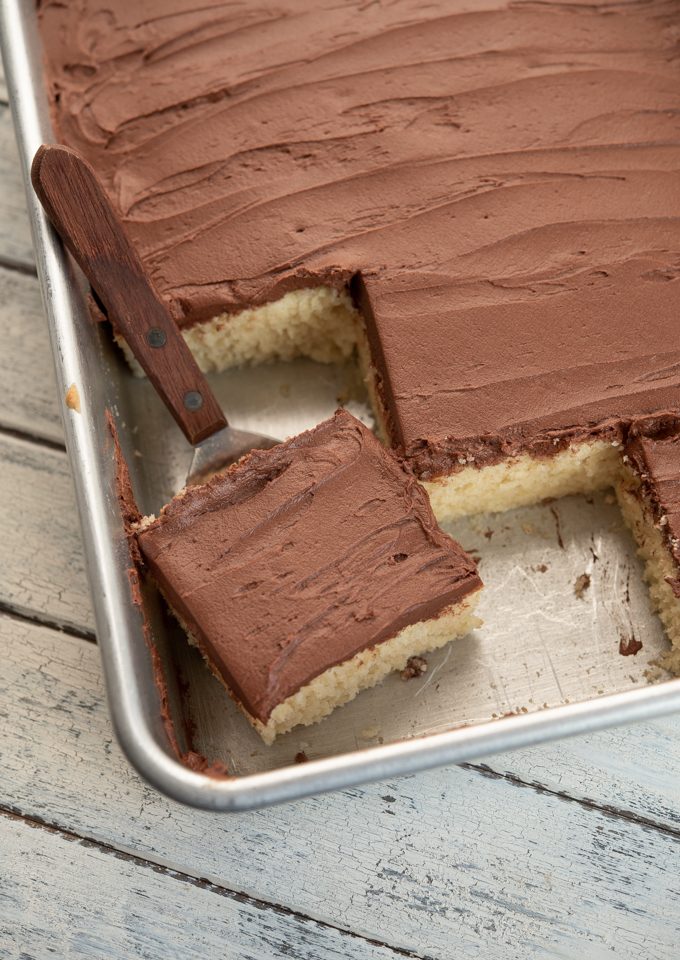 Yellow cake is frosted with an unfussy chocolate buttercream frosting.