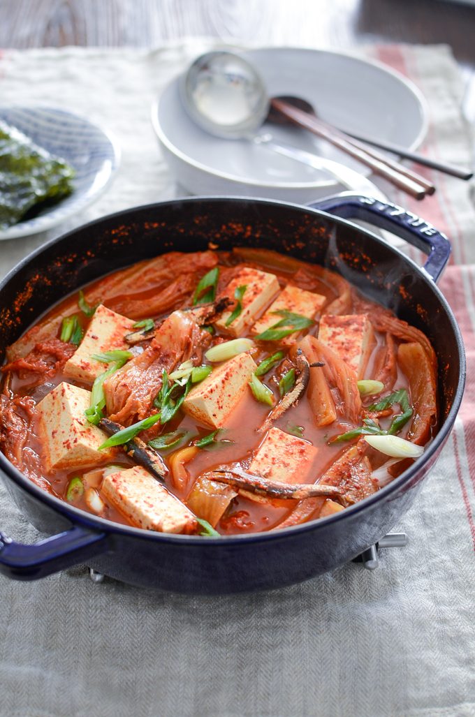 Kimchi jjigae made with dried anchovies and tofu.