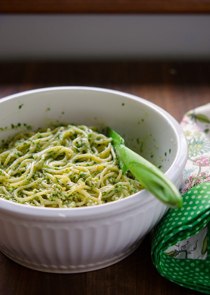 Spaghetti noodles tossed with Avocado Cilantro Pesto Sauce.