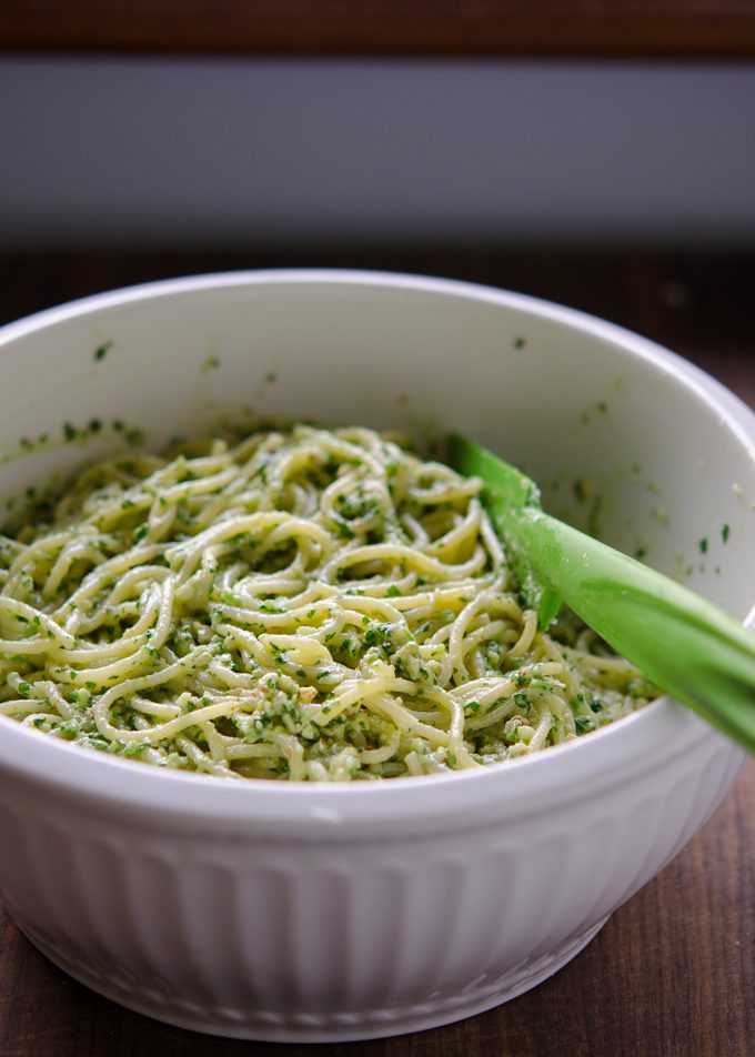 Spaghetti noodles are tossed with Avocado Cilantro Pesto Sauce