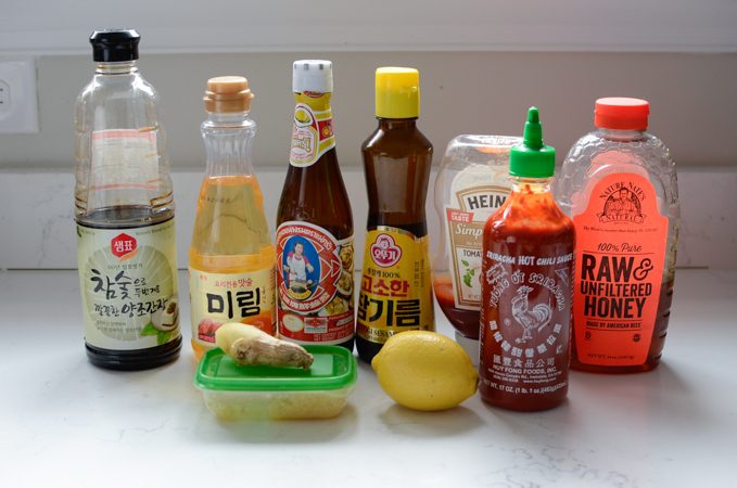 Ingredients for making baked sweet and spicy chicken wings.