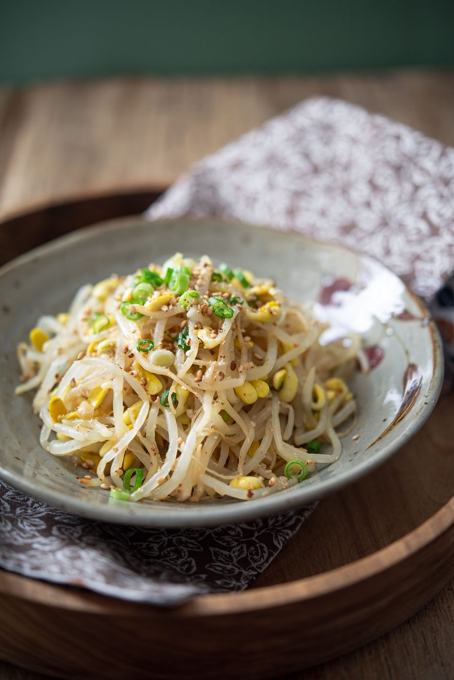 Korean soybean sprout side dish (kongnamul muchim) served in a dish