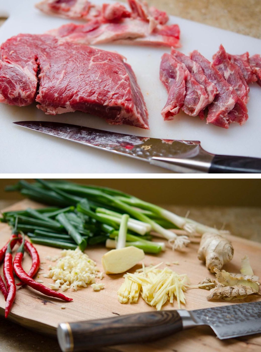 Slicing beef, ginger, garlic, chili, and green onion for ginger beef stir-fry.