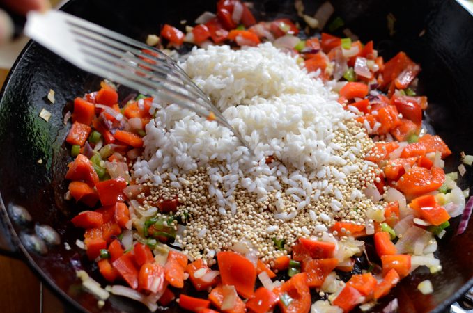 Rice and quinoa added to vegetable mix.