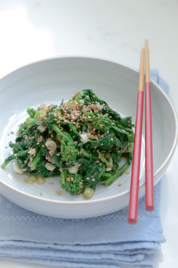 Broccoli Rabe Salad tossed with Korean Soybean Paste on a serving dish.