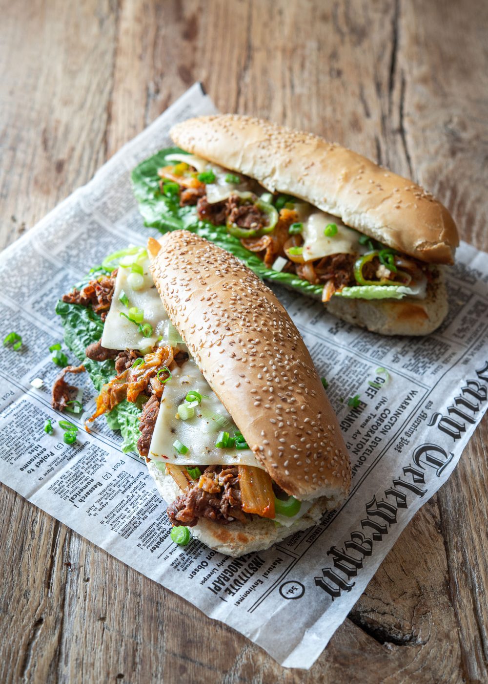 Philly style bulgogi cheesesteaks are ready to serve.