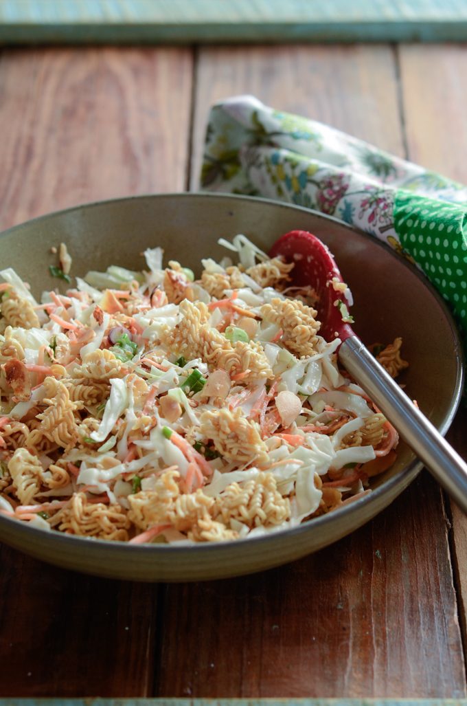 Crunchy ramen noodle and crisp cabbage makes a savory salad in no time.