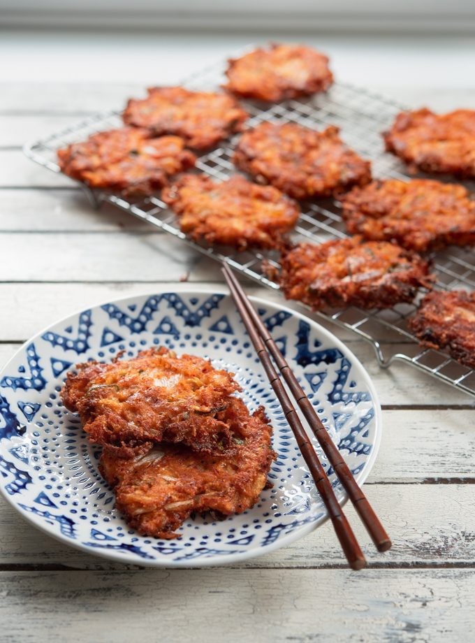 Cheesy Kimchi Potato Pancakes on a serving dish.