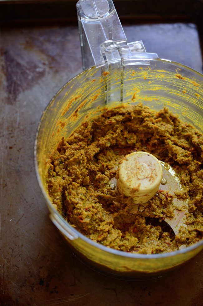 Thai yellow curry paste in a food processor.