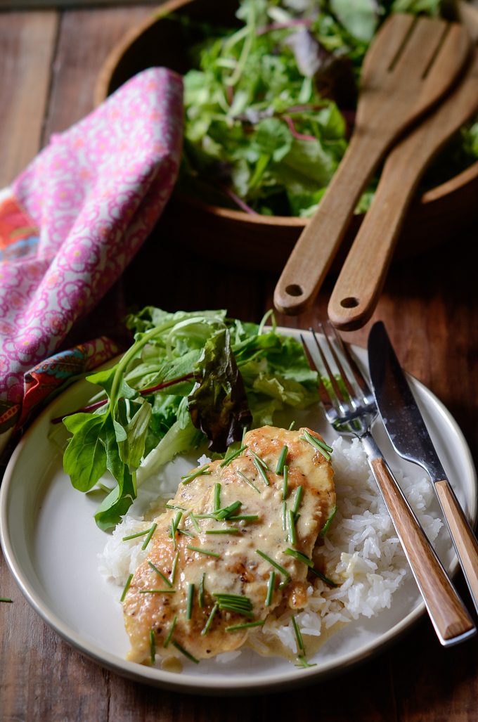 Mustard cream sauce chicken over rice.