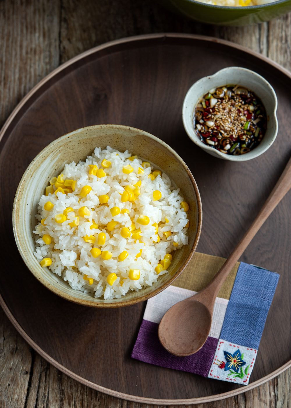 Corn rice served with Korean style topping sauce.