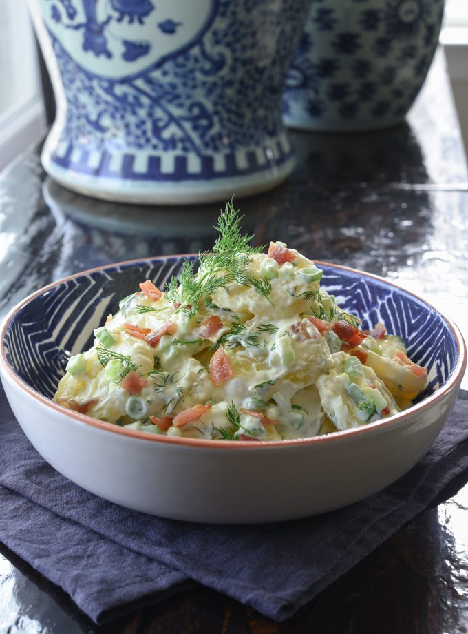 Best potato salad with crisp bacon, fresh dill, and savory creamy dressing.