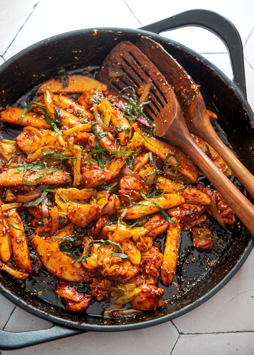 Dakgalbi (spicy Korean chicken stir-fry) in a pan.