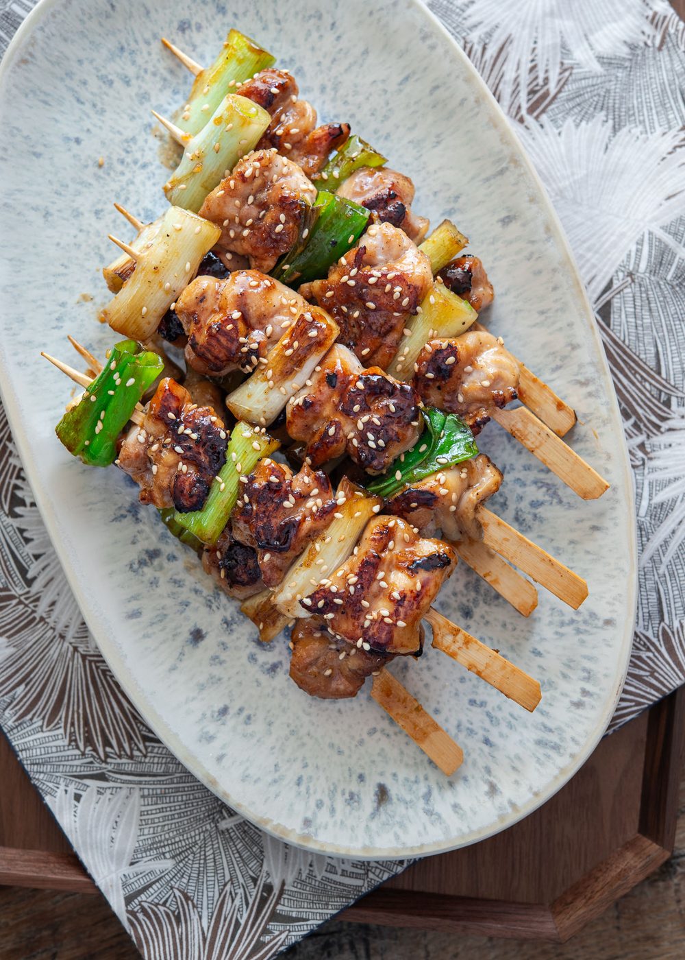 Dakkochi, Korean chicken skewers, presented on a serving platter