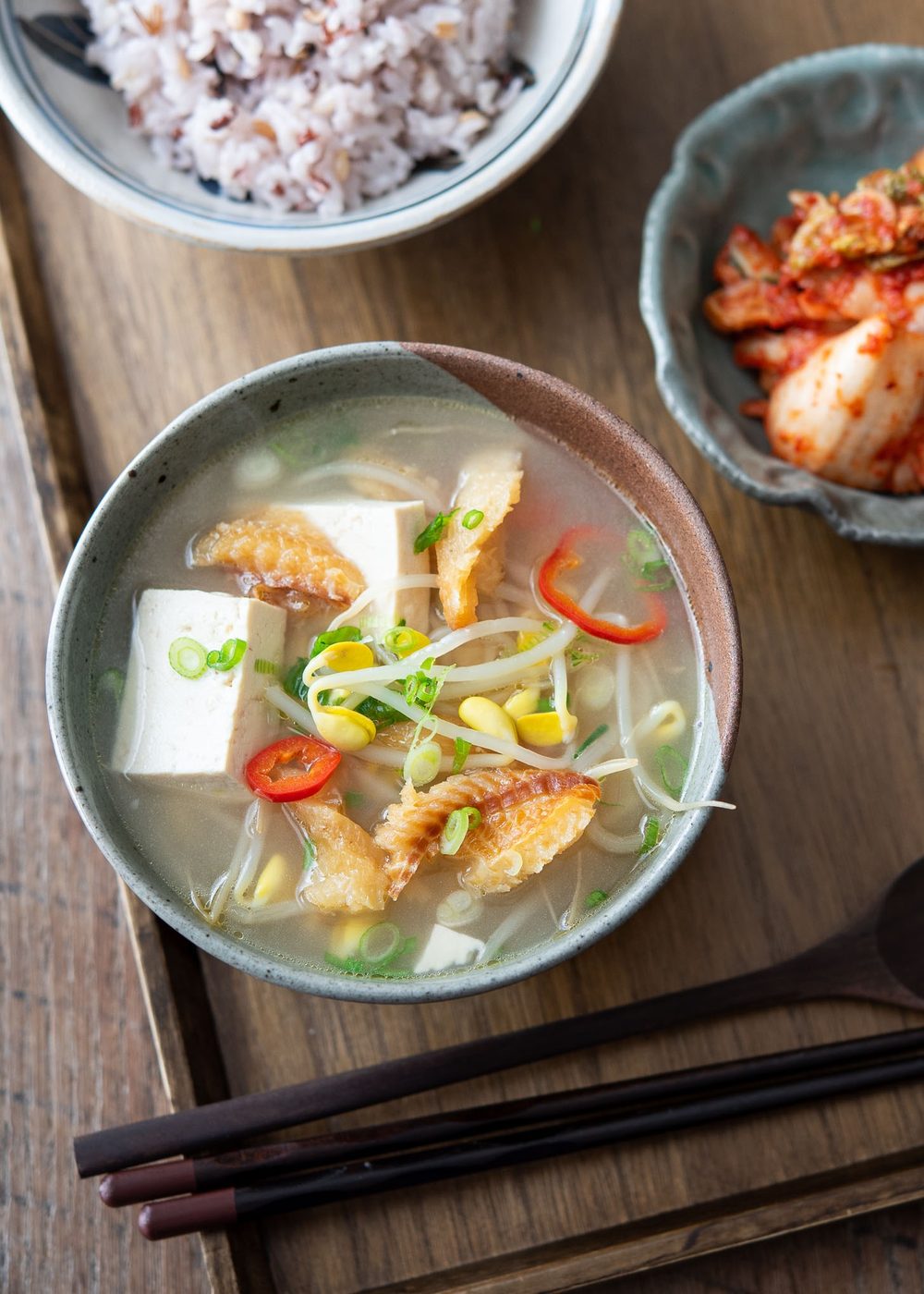 Dried pollock soup with soybean sprouts and tofu is a short Korean breakfast