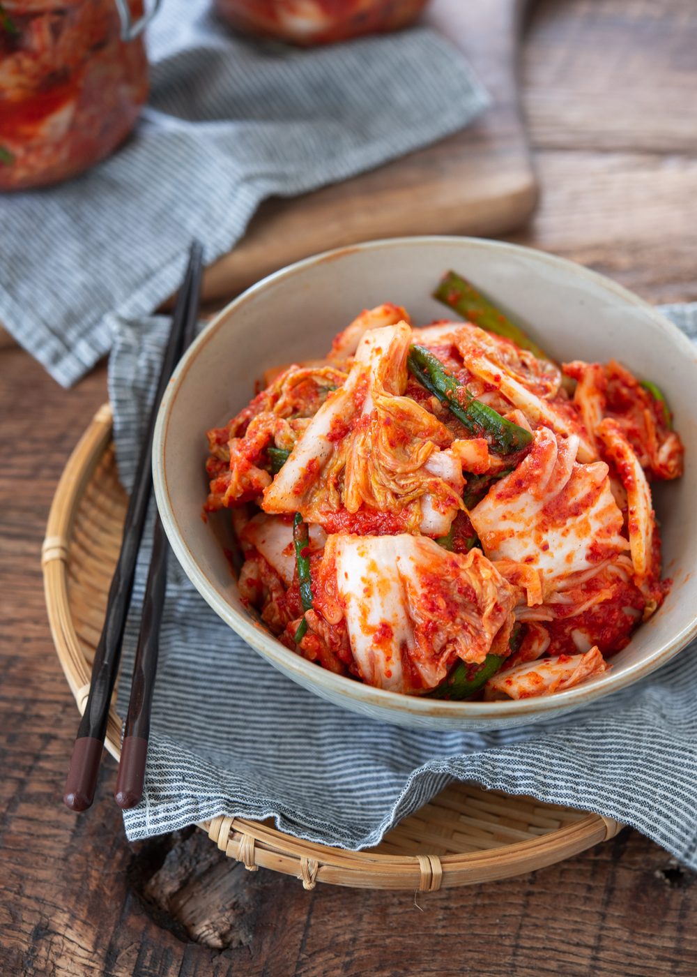 Top view of freshly made napa cabbage kimchi before fermentation