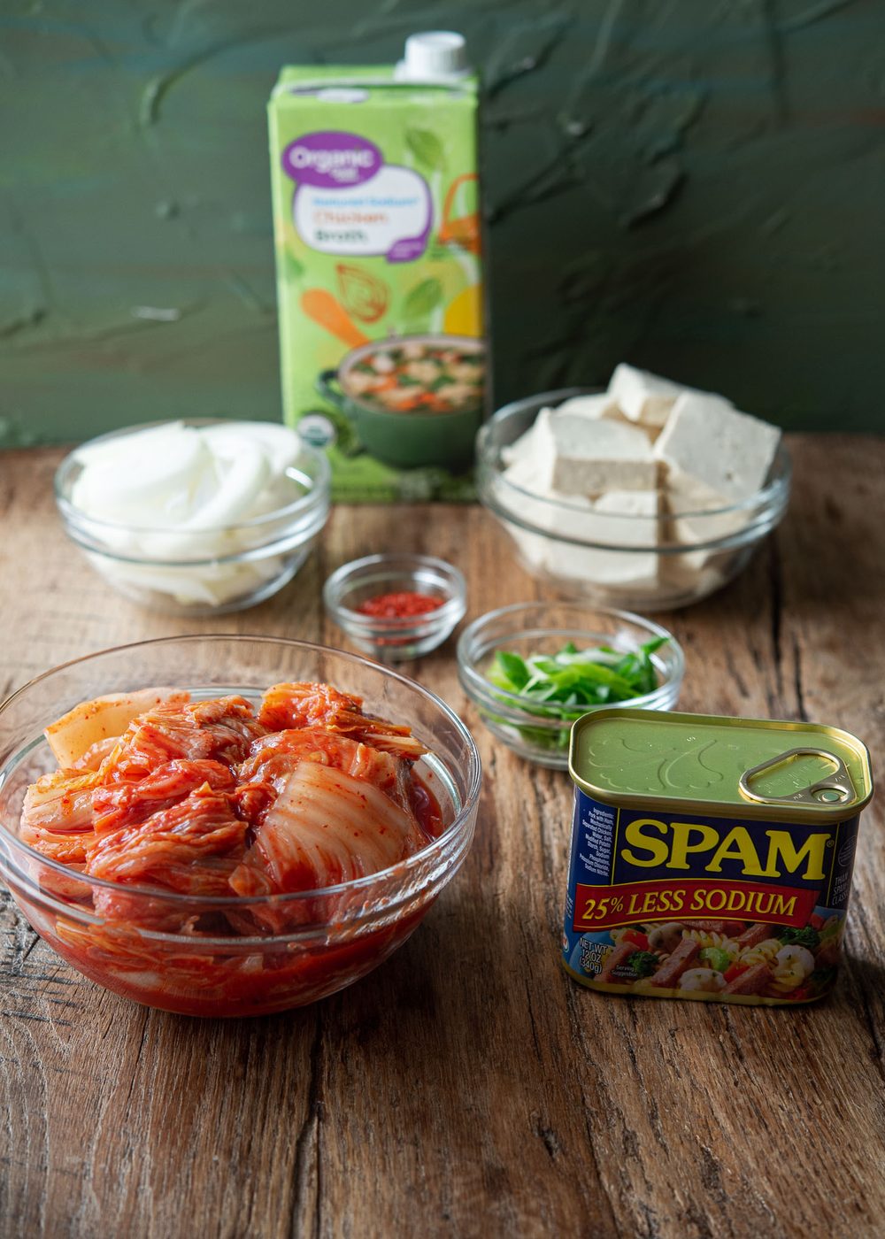 Ingredients to make direct Spam kimchi stew.