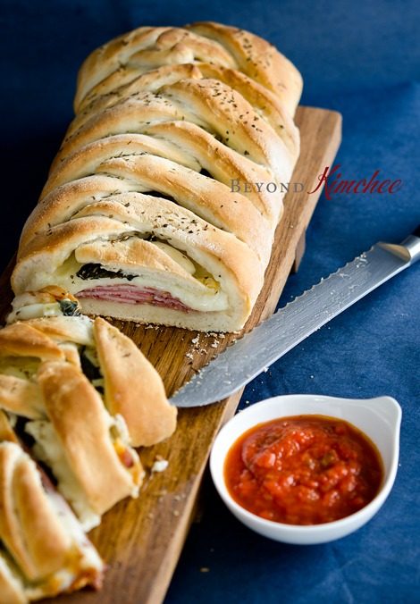 Kitchen-made Stromboli is made with a refrigerated pizza dough and served with marinara sauce.