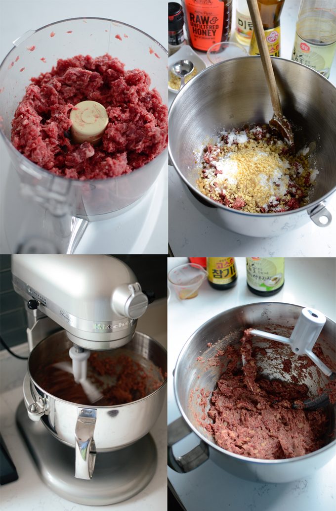 Minced beef in a processor, then mixed with seasonings in a stand mixer.