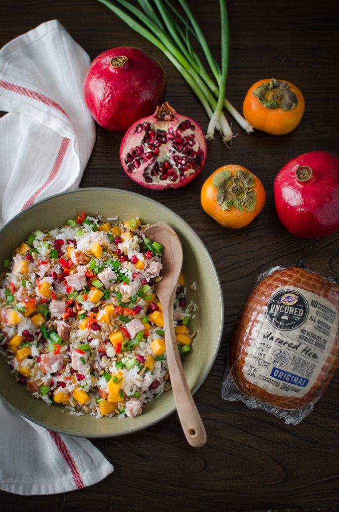 Festive Asian Style Ham and Rice Salad includes persimmon and pomegranate.