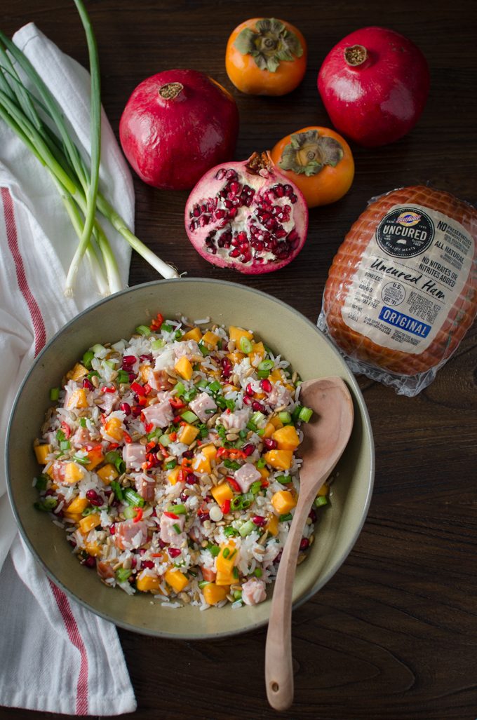 Festive Asian Style Ham and Rice Salad includes persimmon and pomegranate.