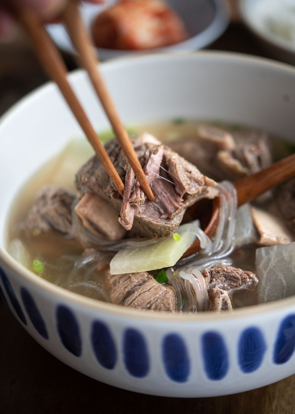 Korean short rib soup (galbitang) with tender beef short ribs in a clear broth.