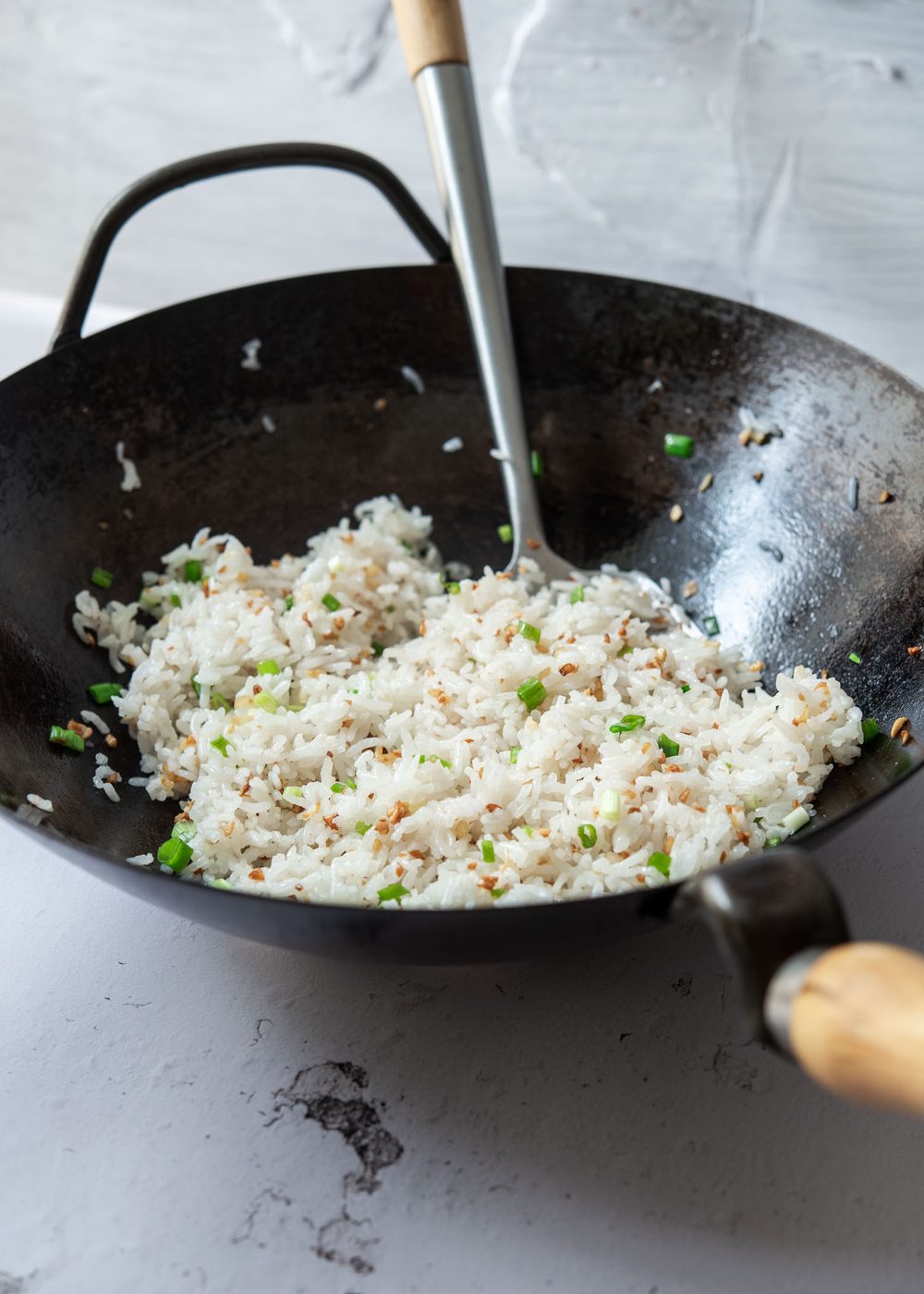 Filipino garlic fried rice in a wok.