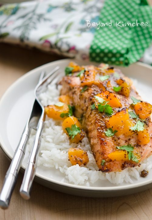 lazed salmon with peach mustard sauce served over rice.