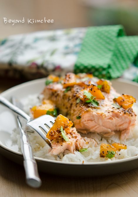 Moist, flaky glazed salmon topped with sweet peach glaze.