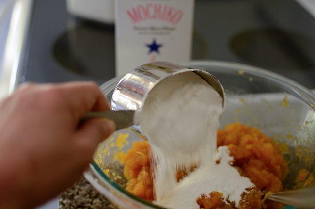 Rice flour added to pumpkin squash mixture.