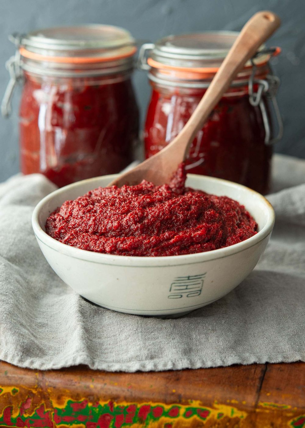 Kitchen-made gochujang (Korean chili paste) in a bowl.