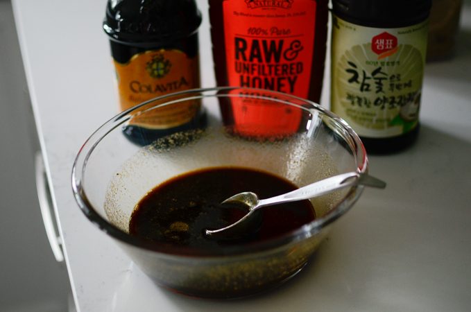 Honey balsamic sauce made in a bowl.