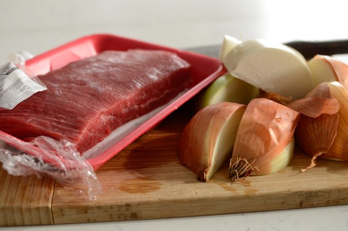 A chunk of beef and onion.