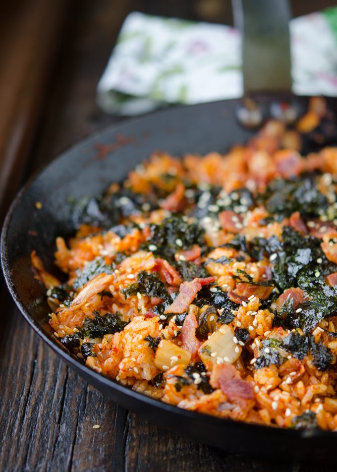 Bacon kimchi fried rice cooked in a skillet