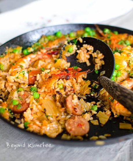 Kimchi Chorizo Shrimp Paella, for rice night