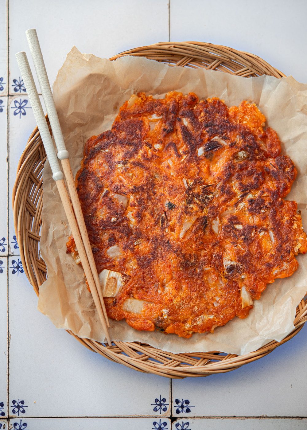 Extra crispy kimchi pancake (kimchi jeon) with golden-brown edges