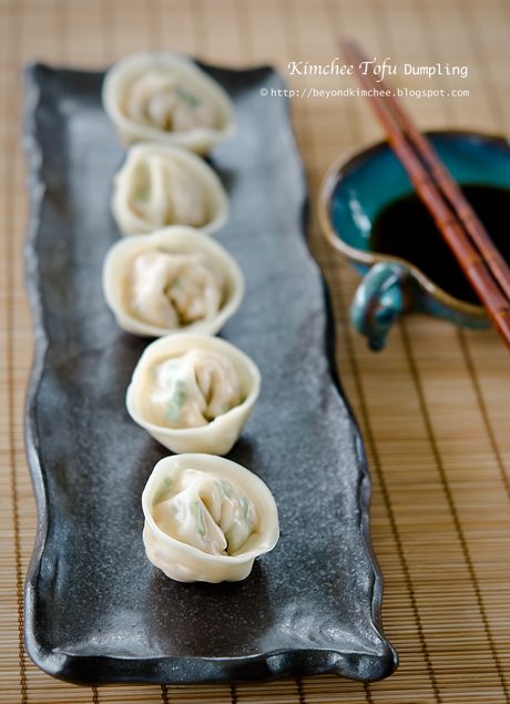 Kimchi tofu dumpling on a serving platter.