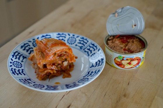 Kimchi and canned tuna is ready for making onigiri.