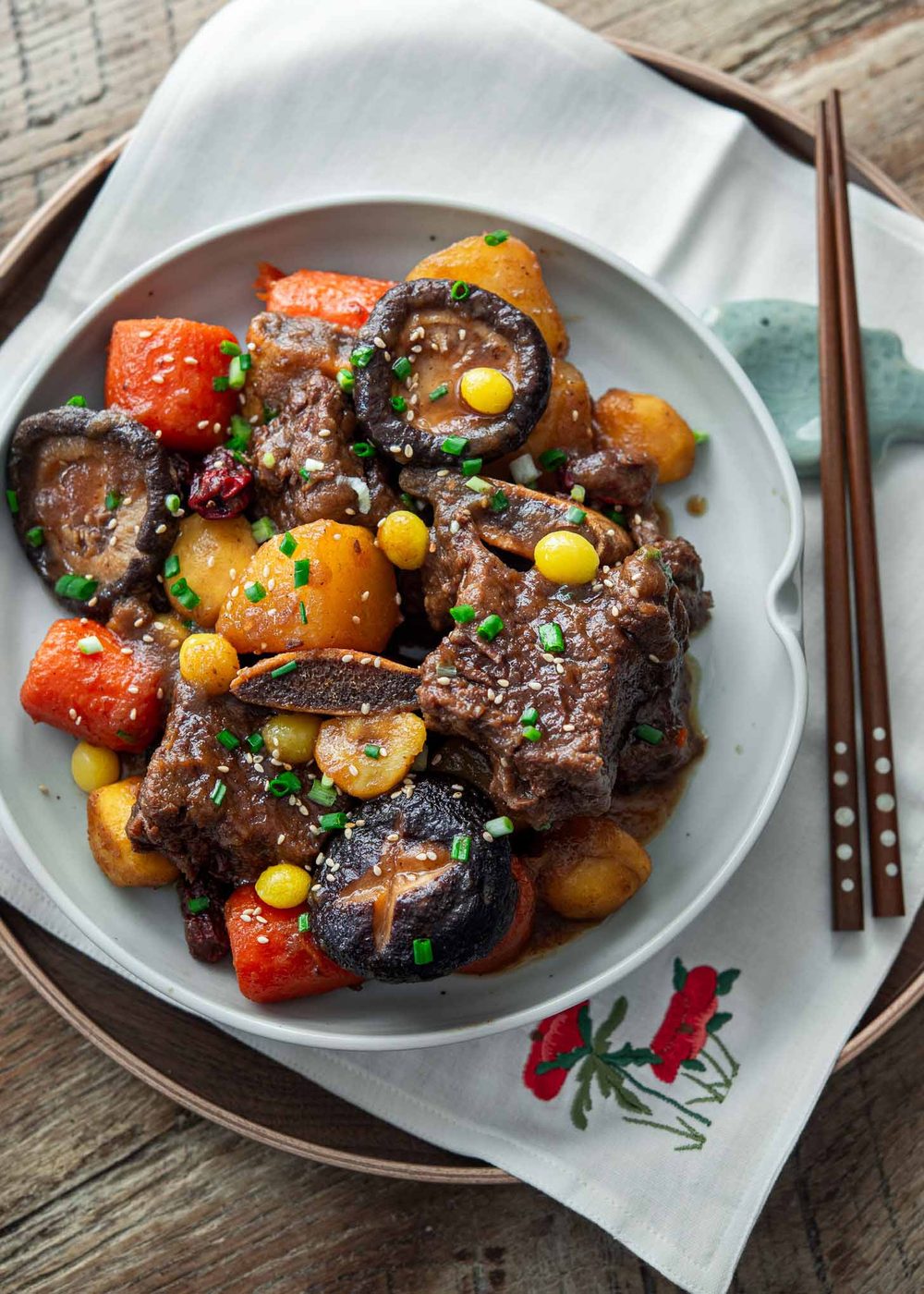 Tender Korean beef ribs (galbi jjim) served with vegetables in sauce