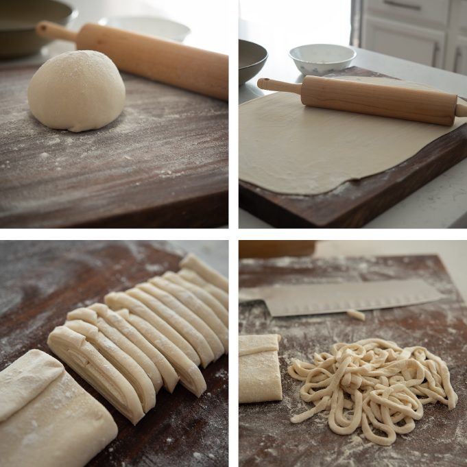 Korean knife cut noodles dough formed and sliced.