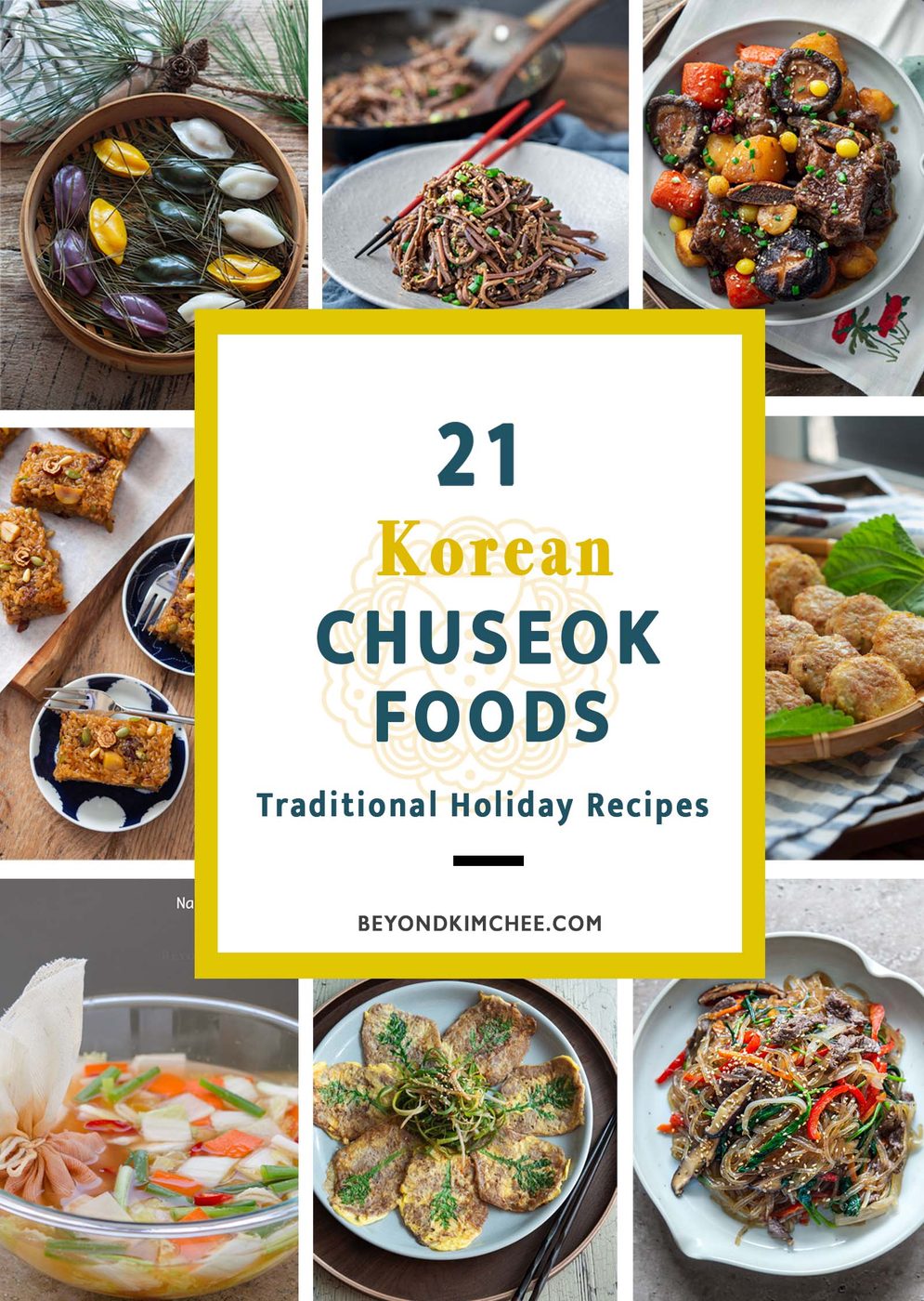 Old-style Korean Chuseok foods including jeon, songpyeon, japchae, and holiday side dishes.
