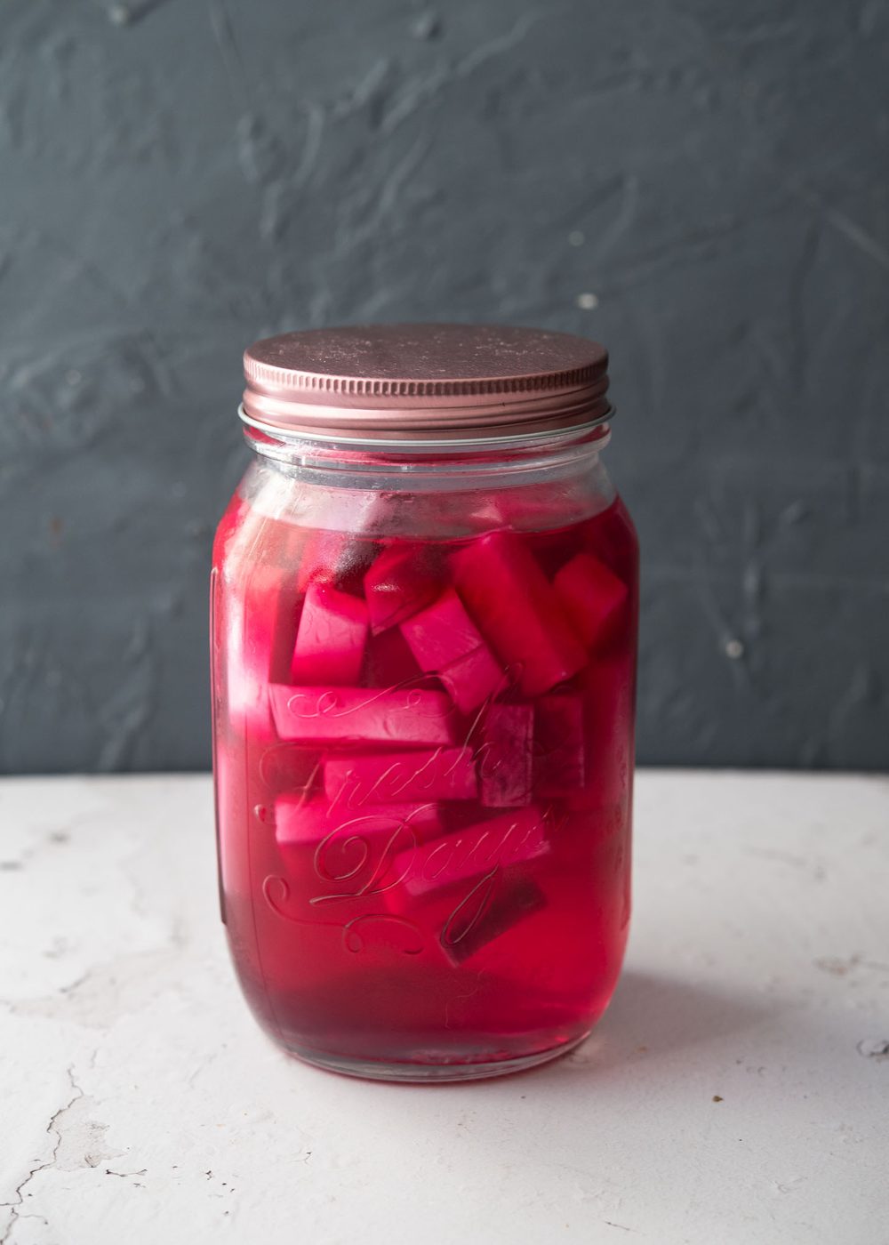 A jar of Korean pink pickled radish.