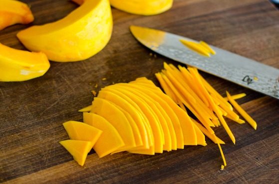 Pumpkin flesh is thinly sliced