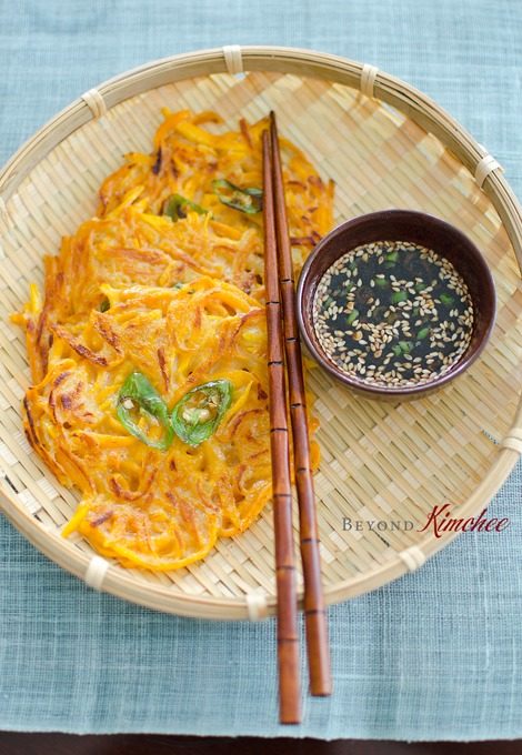 Korean Pumpkin Pancakes are served with a soy dipping sauce