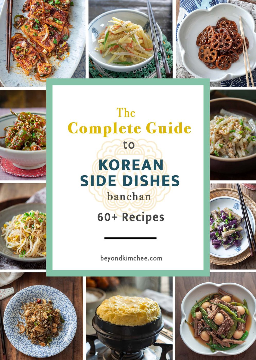 A colorful spread of Korean side dishes (banchan) featured in a recipe roundup.