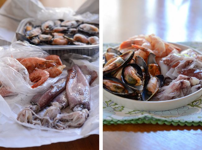 Squid, shrimp, mussel are displayed before cleaning and after cleaning.