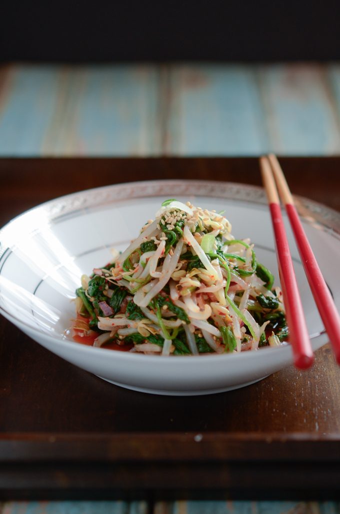 Korean spinach and mung bean sprouts make a refreshing salad and a side dish ready in 15 minutes.