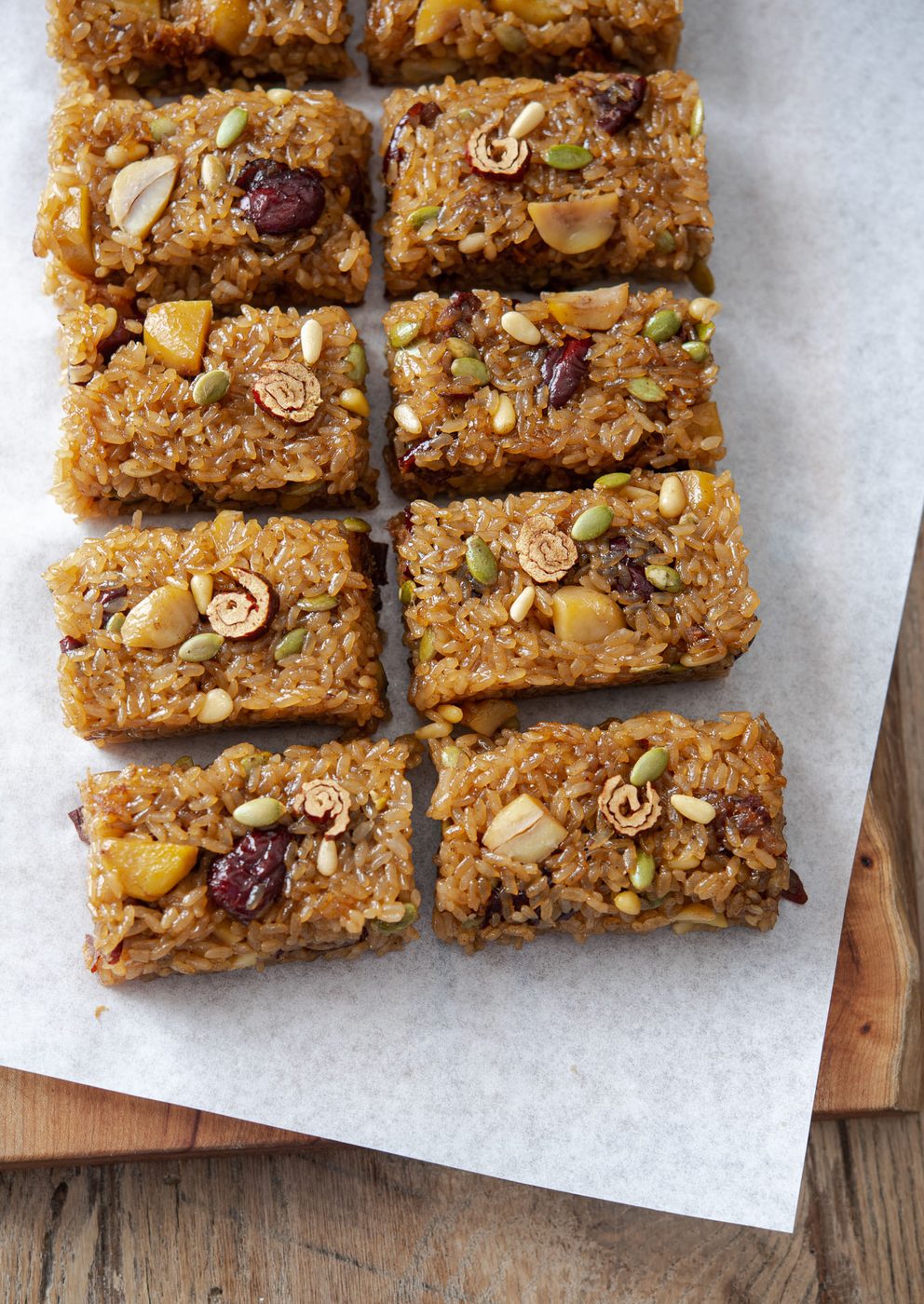 Yakshik is old-style Korean sweet rice dessert with jujube, chestnut, and seeds.