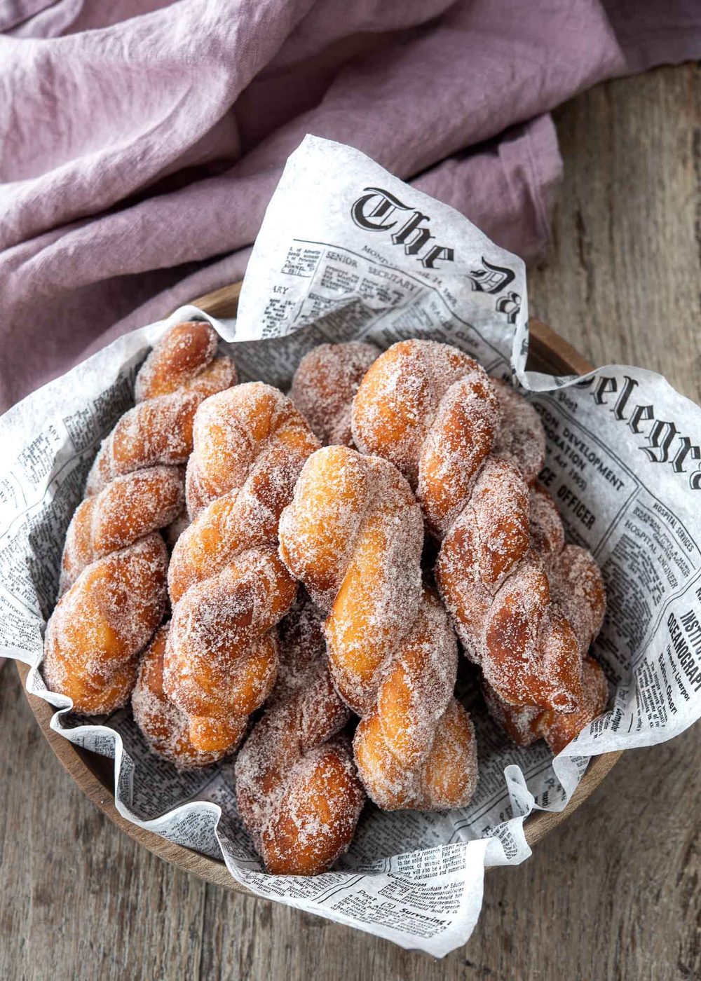 Korean style twisted donuts (kkwabaegi) in a bowl.