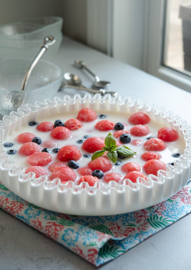 Old-style Korean watermelon punch (subak hwachae) with milk and soda